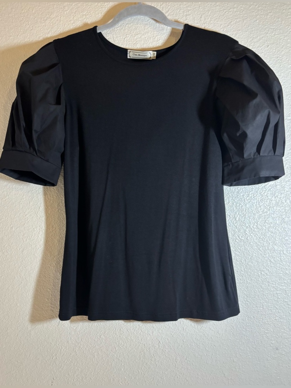 C'est_Monique Puff Sleeve Crewneck Blouse Top Black Size S/M